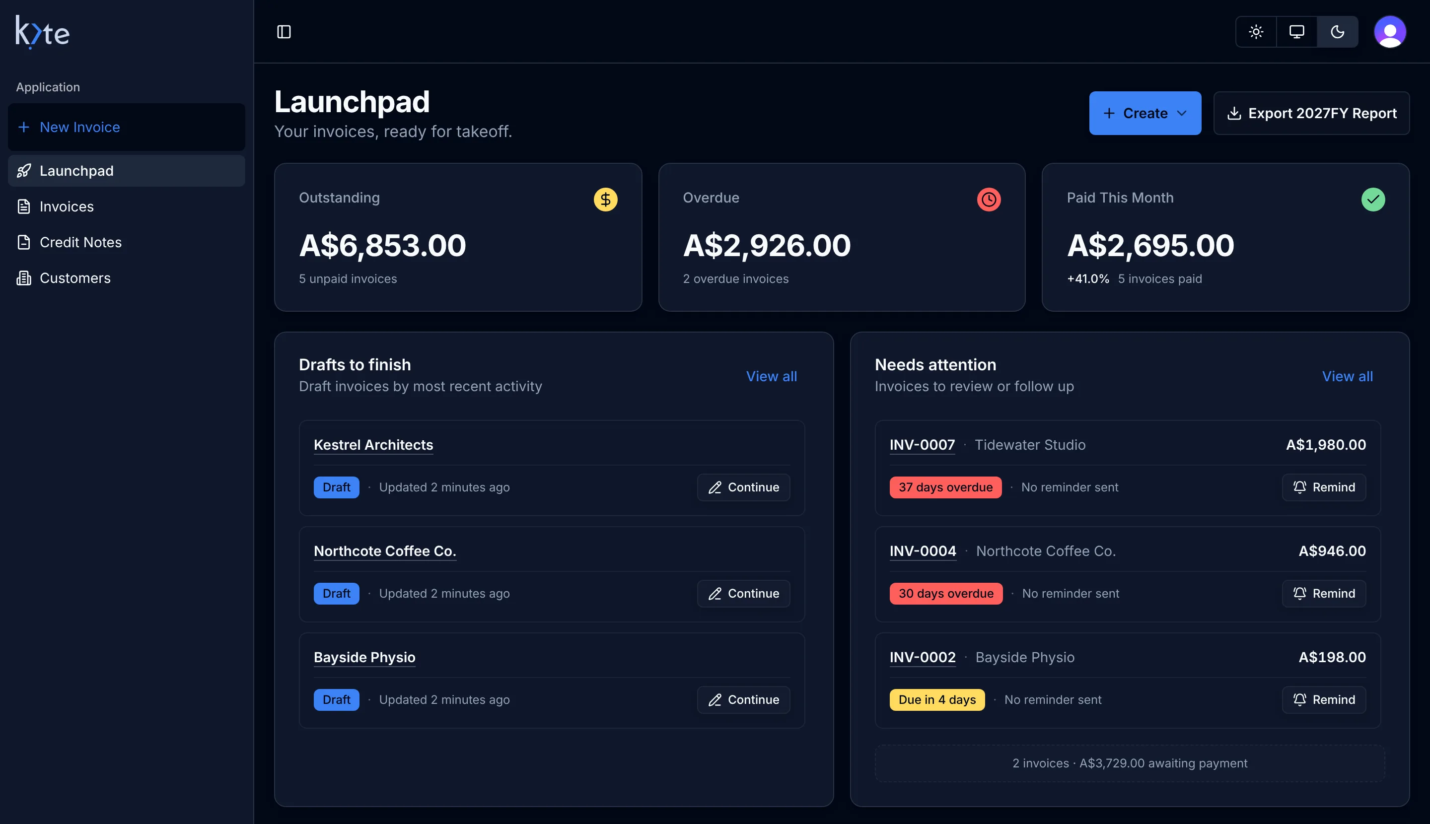 Launchpad showing what's outstanding, overdue invoices, and drafts to finish