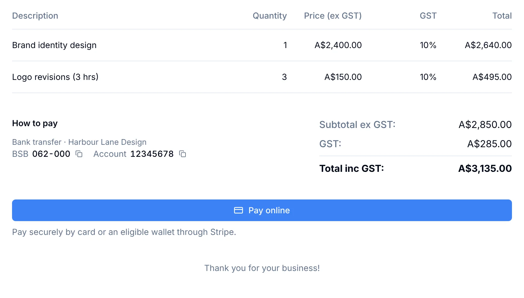 A customer's invoice with bank transfer details and a Pay online button