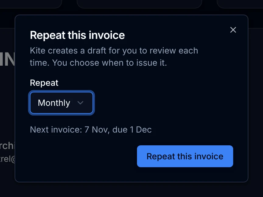 Setting an invoice to repeat monthly, with the next invoice date previewed